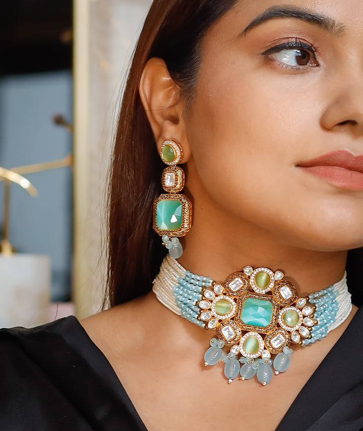 Emerald Green Choker with Light Blue Pearl & Beautiful Earrings Set